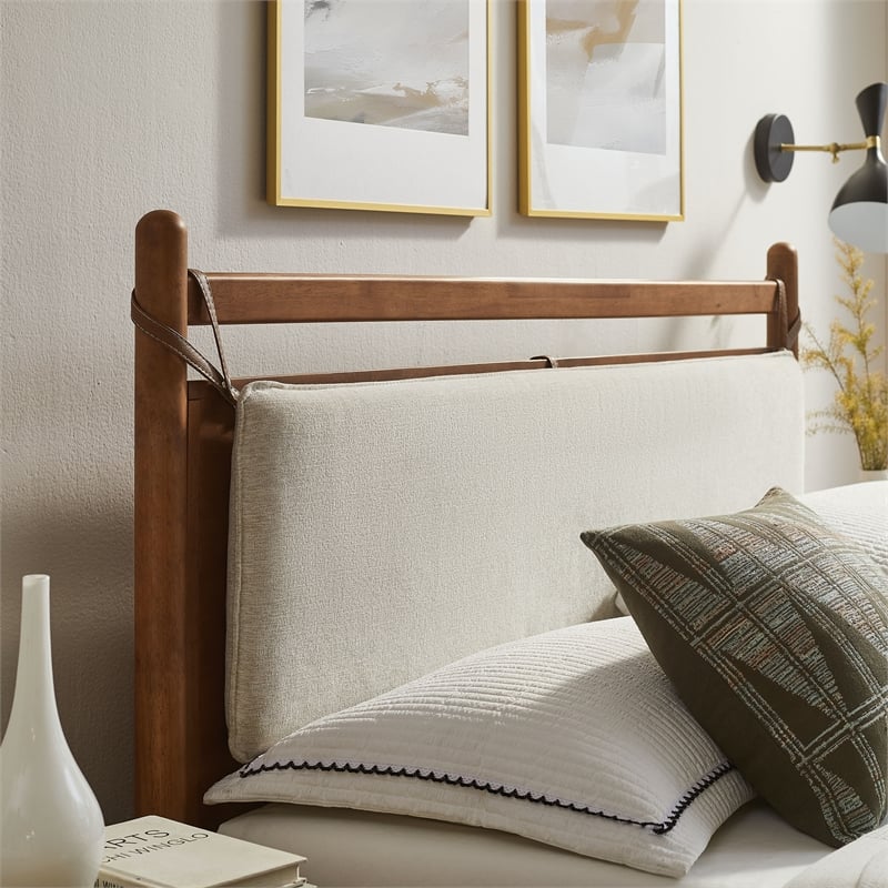 Pemberly Row Full Platform Bed Frame in Walnut Heathered Ivory Fabric
