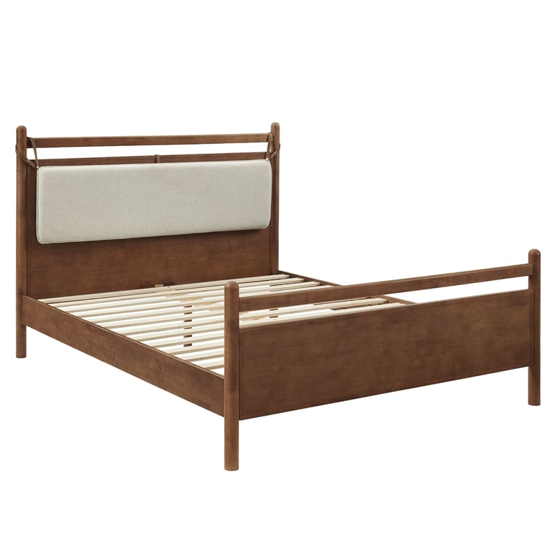 Pemberly Row Full Platform Bed Frame in Walnut Heathered Ivory Fabric