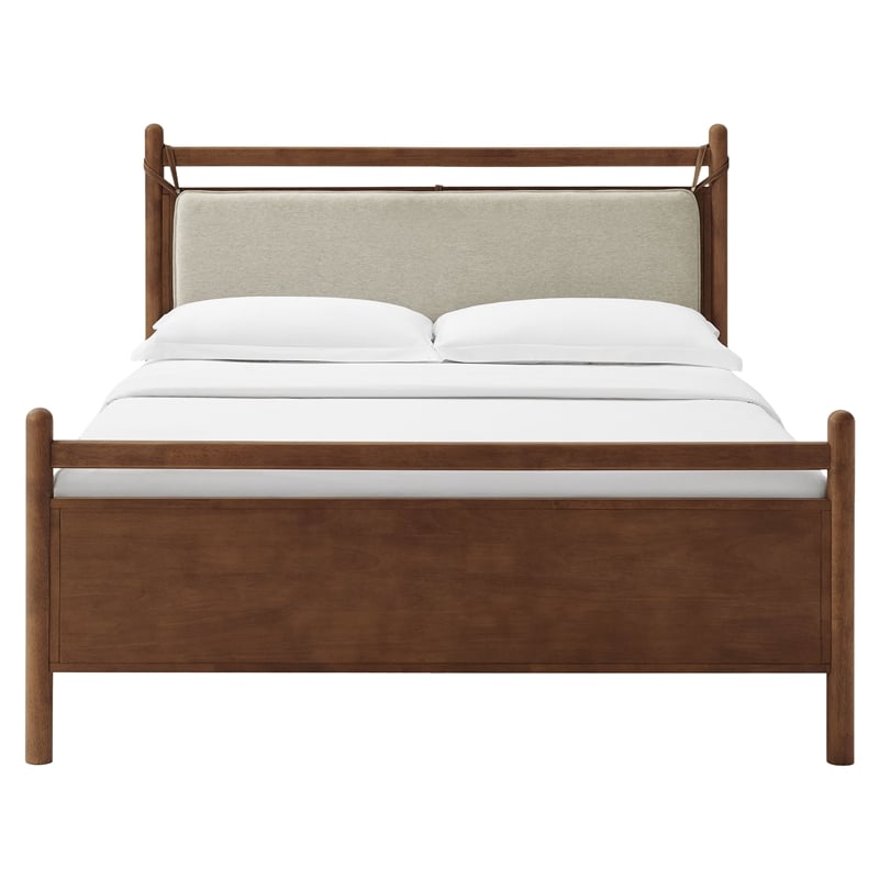 Pemberly Row Full Platform Bed Frame in Walnut Heathered Ivory Fabric