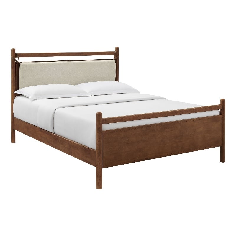 Pemberly Row Full Platform Bed Frame in Walnut Heathered Ivory Fabric