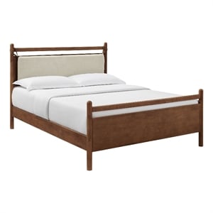 Pemberly Row Full Platform Bed Frame in Walnut Heathered Ivory Fabric