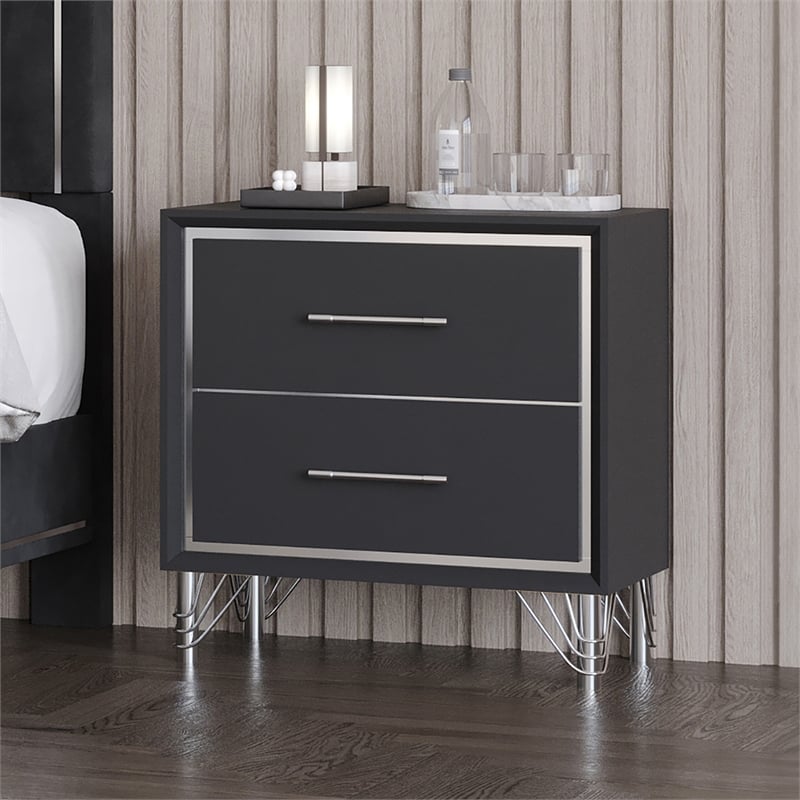 Pemberly Row Rubberwood 2 Drawer Nightstand in Ebony Black