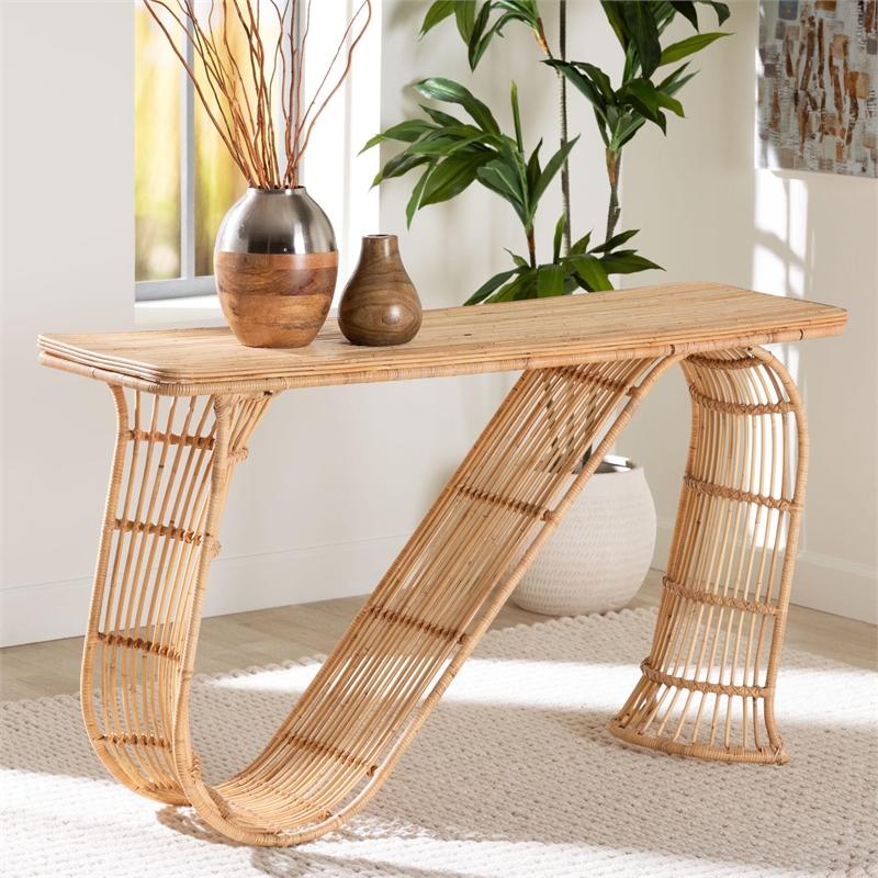 Pemberly Row Araceli S-Curve Console Table with Laminated Rattan Top