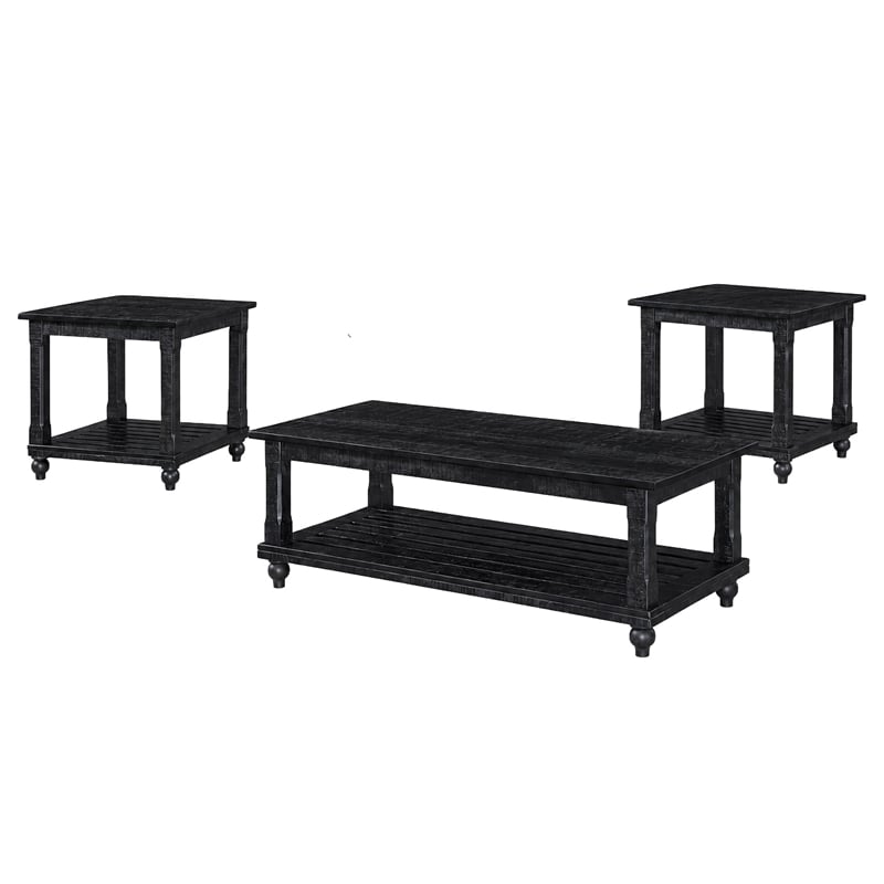 Pemberly Row 3-Piece Pine Occasional Table Set in Distressed Black