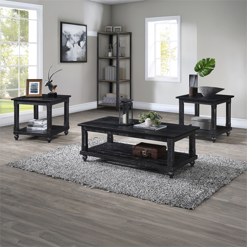 Pemberly Row 3-Piece Pine Occasional Table Set in Distressed Black