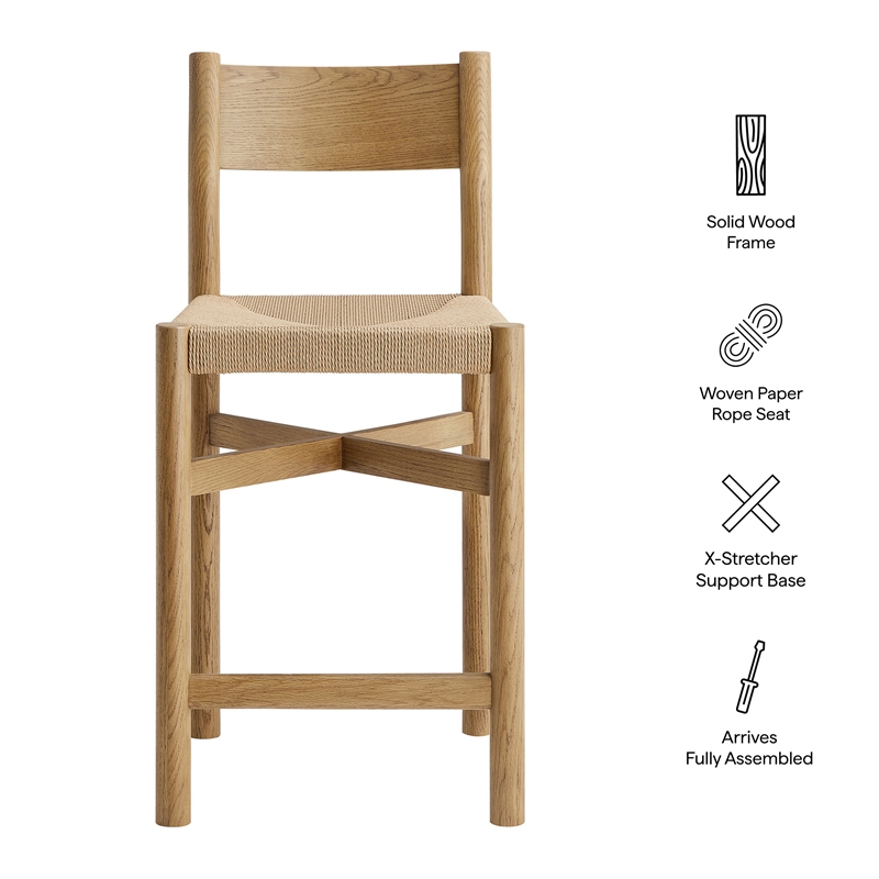 Pemberly Row Oak Wood Counter Stools with Woven Seats Set of 2 in Weathered Oak