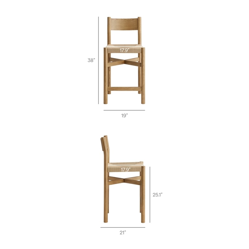 Pemberly Row Oak Wood Counter Stools with Woven Seats Set of 2 in Weathered Oak