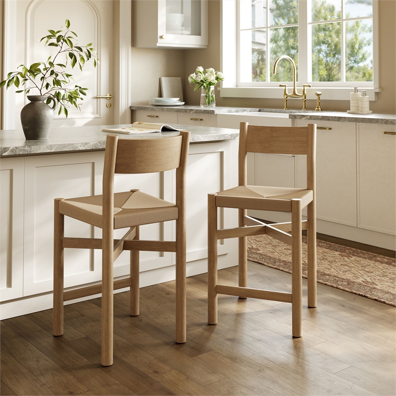 Pemberly Row Oak Wood Counter Stools with Woven Seats Set of 2 in Weathered Oak