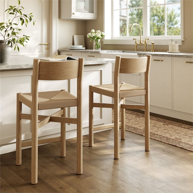 Pemberly Row Oak Wood Counter Stools with Woven Seats Set of 2 in Weathered Oak