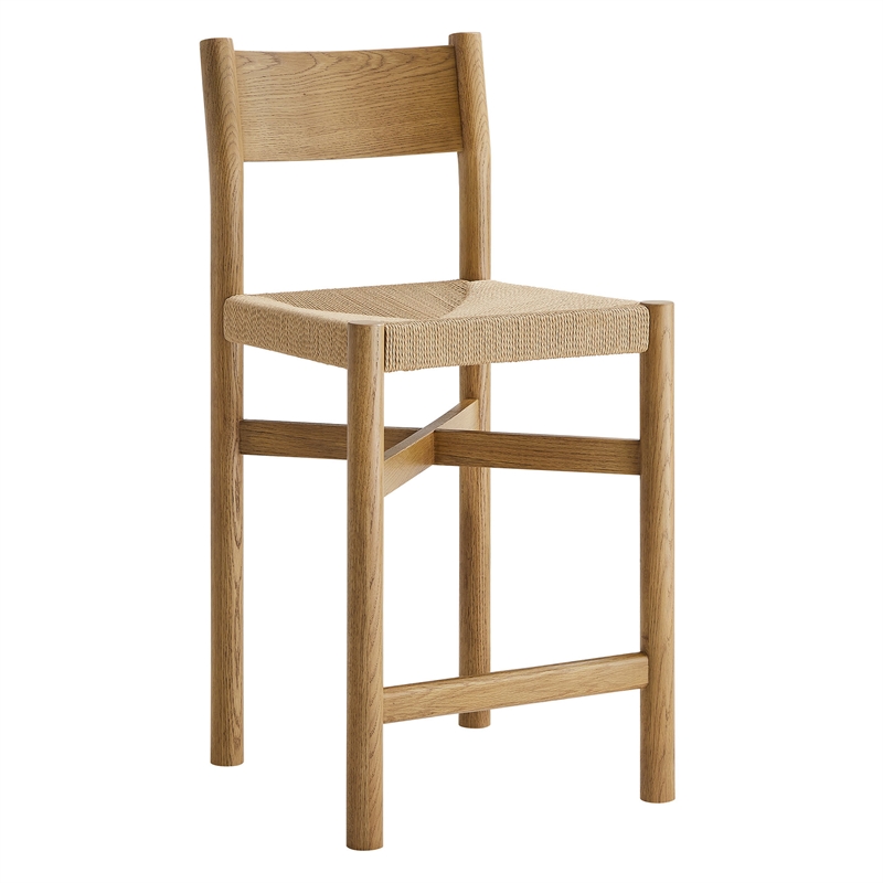 Pemberly Row Oak Wood Counter Stools with Woven Seats Set of 2 in Weathered Oak