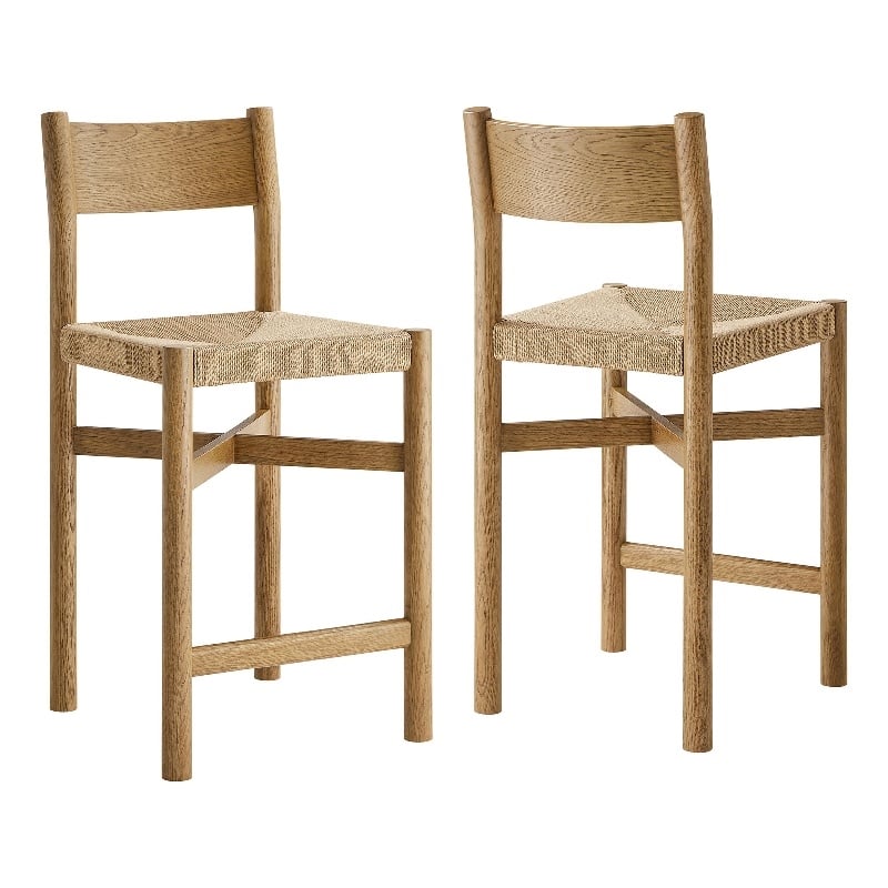Pemberly Row Oak Wood Counter Stools with Woven Seats Set of 2 in Weathered Oak