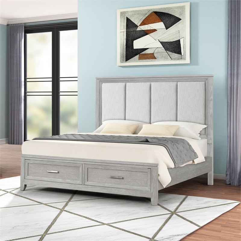 Pemberly Row Fiona King Upholstered Storage Bed in Mist Gray with Oak Veneer
