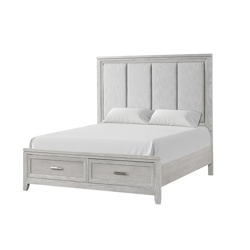 Pemberly Row Fiona Queen Upholstered Storage Bed in Mist Gray with Oak Veneer
