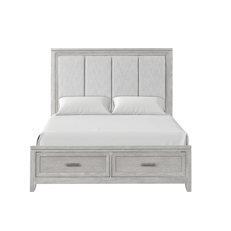 Pemberly Row Fiona Queen Upholstered Storage Bed in Mist Gray with Oak Veneer