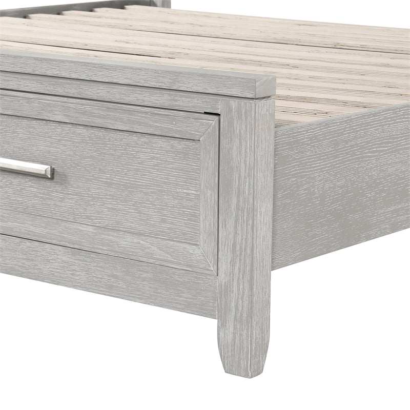 Pemberly Row Fiona Queen Upholstered Storage Bed in Mist Gray with Oak Veneer