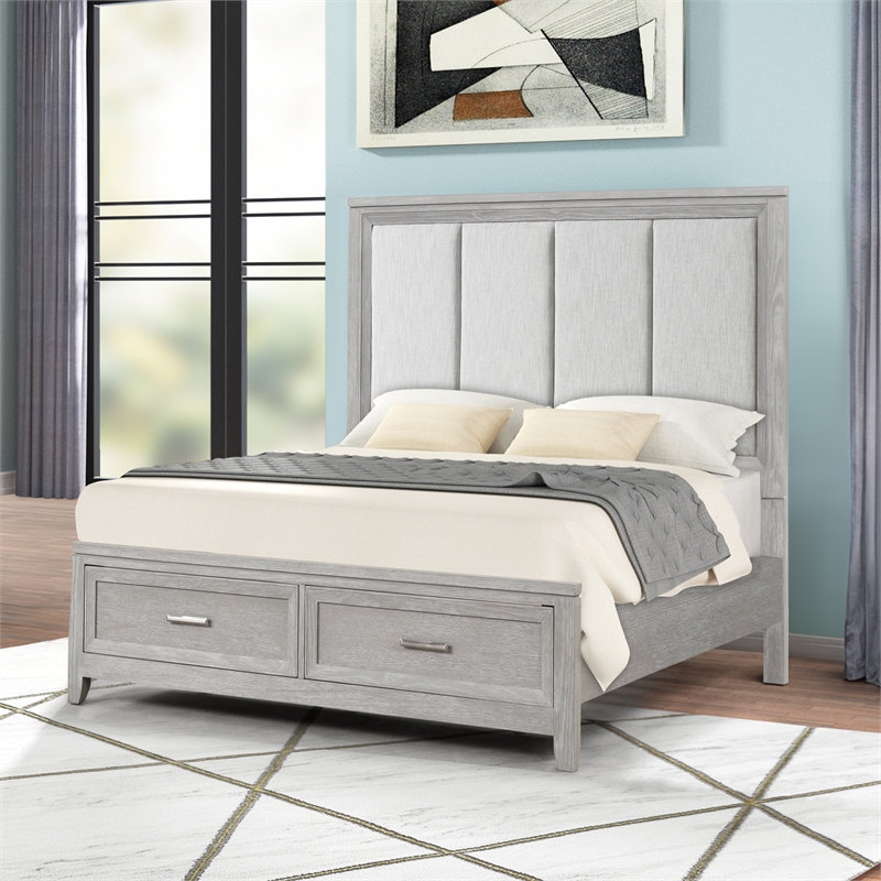 Pemberly Row Fiona Queen Upholstered Storage Bed in Mist Gray with Oak Veneer