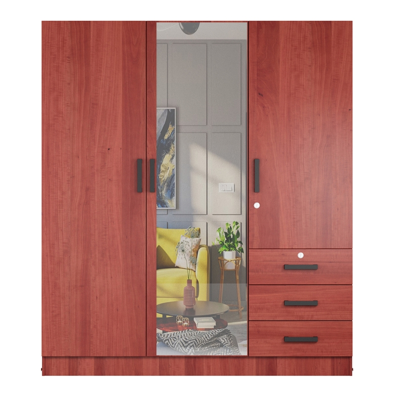 Pemberly Row Engineered Wood 3-Door Wardrobe Armoire with Mirror in Mahogany