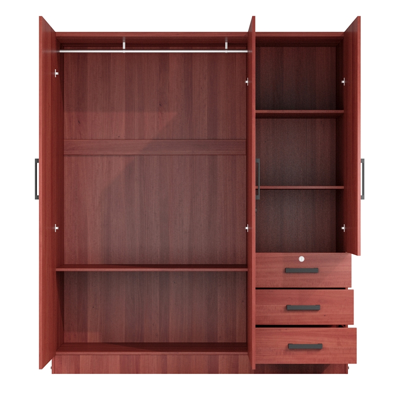 Pemberly Row Engineered Wood 3-Door Wardrobe Armoire with Mirror in Mahogany