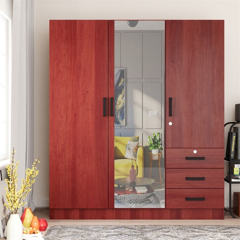 Pemberly Row Engineered Wood 3-Door Wardrobe Armoire with Mirror in Mahogany