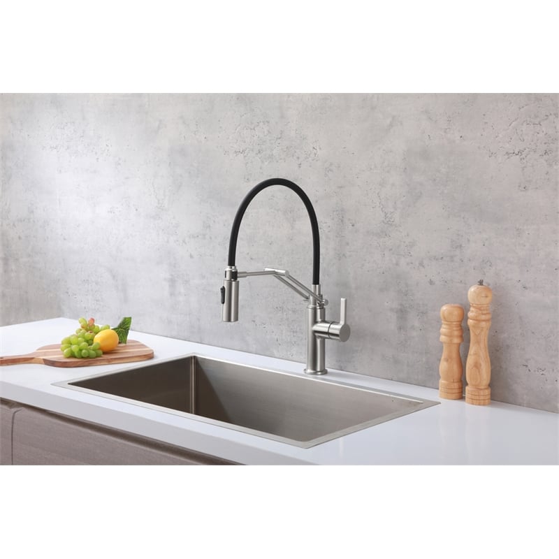 Pemberly Row Brass Kitchen Faucet in Brushed Nickel with Pull-Down Sprayer