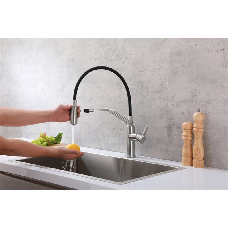Pemberly Row Brass Kitchen Faucet in Brushed Nickel with Pull-Down Sprayer
