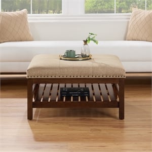 Pemberly Row Coffee Table Cocktail Ottoman with Shelf in Beige Fabric
