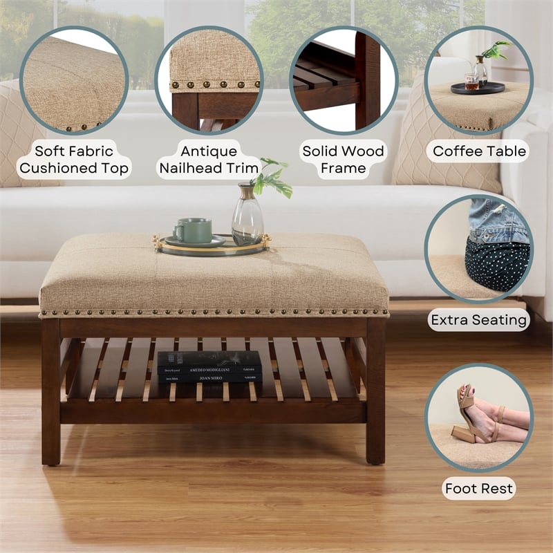 Pemberly Row Coffee Table Cocktail Ottoman with Shelf in Beige Fabric