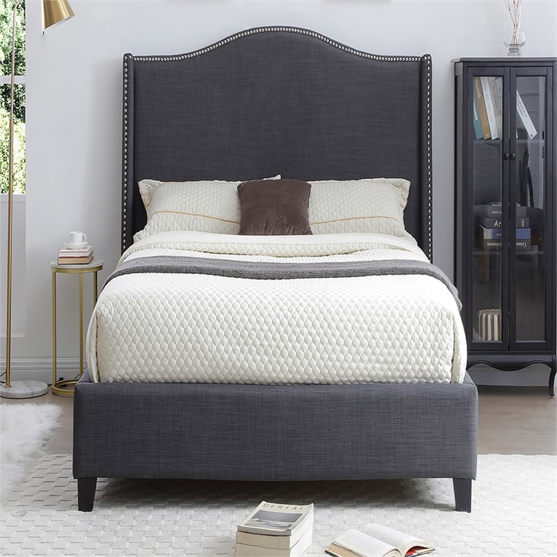 Pemberly Row Linen Upholstered Twin Platform Bed with Nail Head Trim
