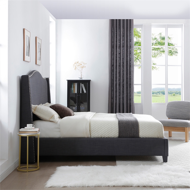 Pemberly Row Linen Upholstered Twin Platform Bed with Nail Head Trim