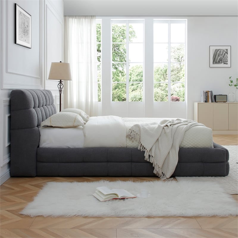 Pemberly Row Queen Upholstered Bed Frame in Dark Gray Fabric