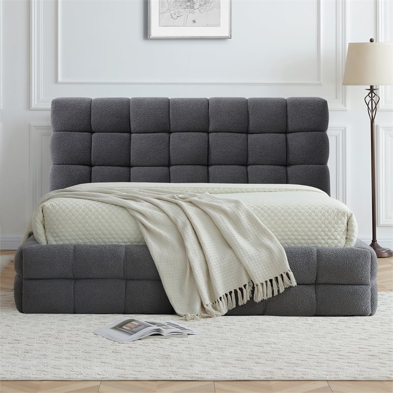 Pemberly Row Queen Upholstered Bed Frame in Dark Gray Fabric