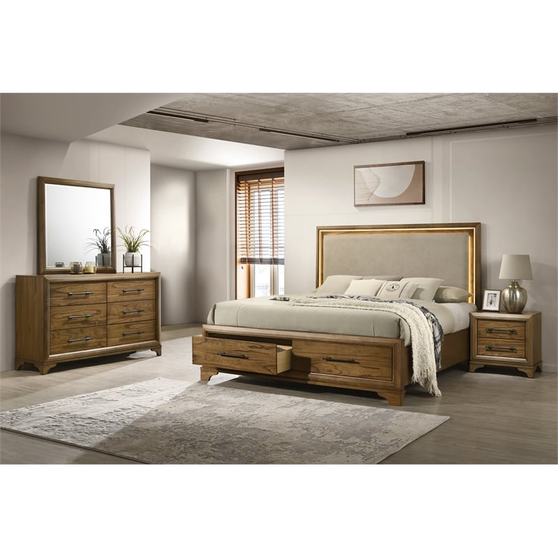 Pemberly Row Queen Bedroom Set with Lighted Storage Bed in Honey Brown