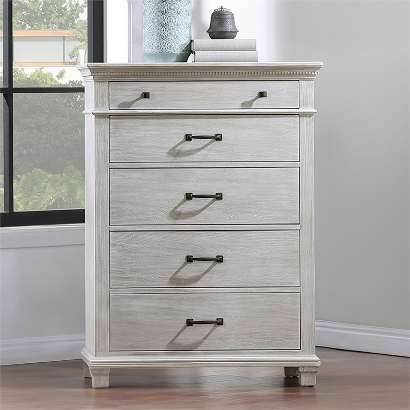 Pemberly Row Wood 5-Drawer Chest in Misty Gray Finish
