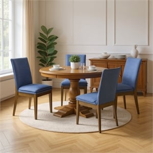 Pemberly Row 5-Piece Dining Set with Round Table and Blue Upholstered Chairs