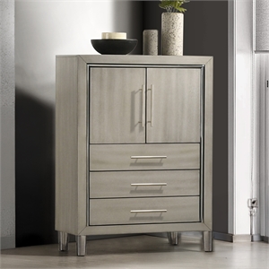 Pemberly Row Wood Modern Door Chest with LED Light and Shoe Rack in Gray
