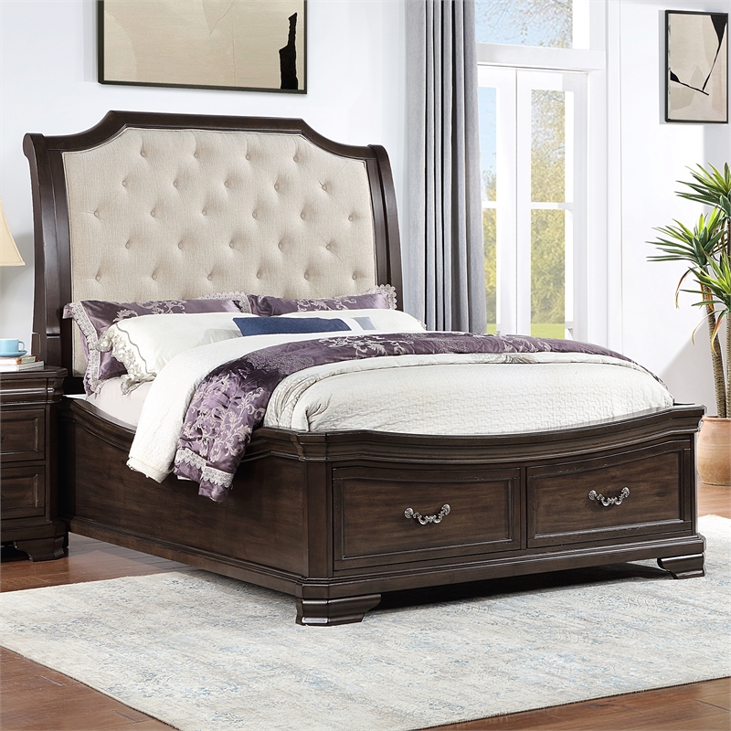 Pemberly Row Wood Queen Upholstered Sleigh Bed with Walnut Finish
