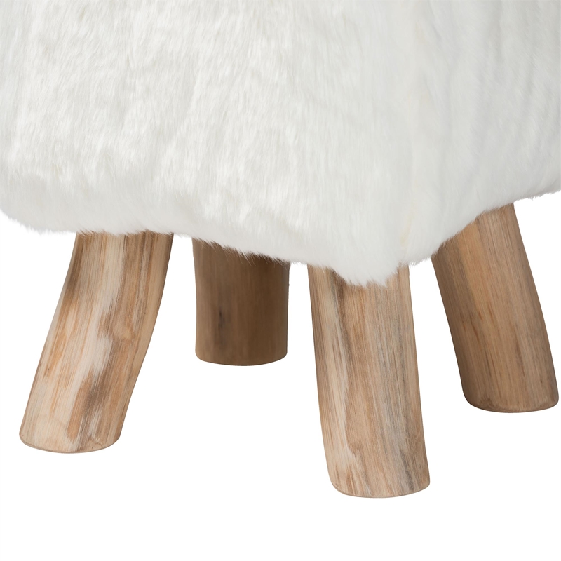 Pemberly Row Faux Fur Footstool with Teak Wood Legs Accent Seat White