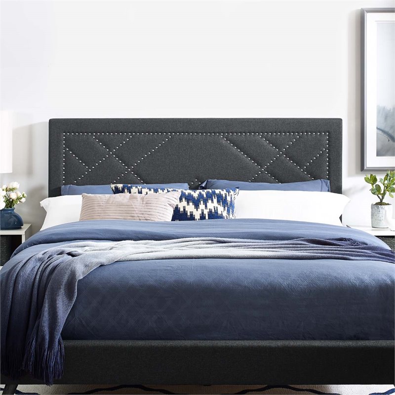 Pemberly Row Upholstered Linen Headboard in Gray for Full/Queen Bed