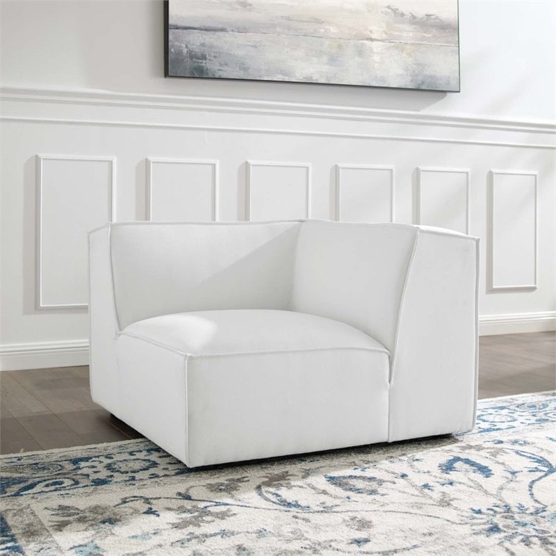 Pemberly Row Polyester Fabric Corner Chair in White with Coil Spring Seat