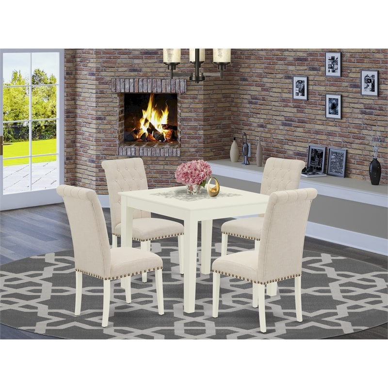 Pemberly Row 5-Piece Wood Dining Set in Linen White and Light Beige