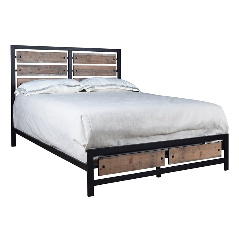 Pemberly Row California King Bed in Rustic Brown Wood with Upholstery
