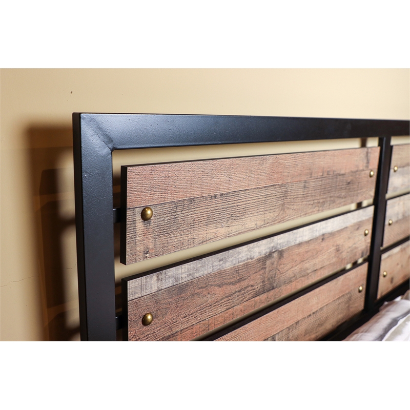 Pemberly Row Rustic Brown Queen Solid Wood Bed with Cast Iron Accents