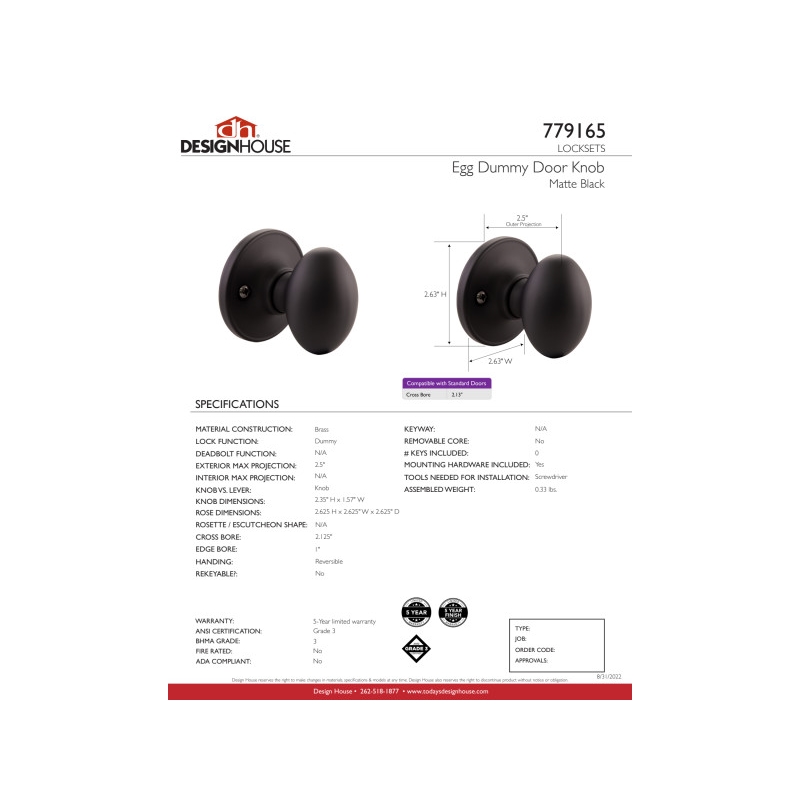 Pemberly Row Egg Brass Dummy Door Knob in Matte Black Finish