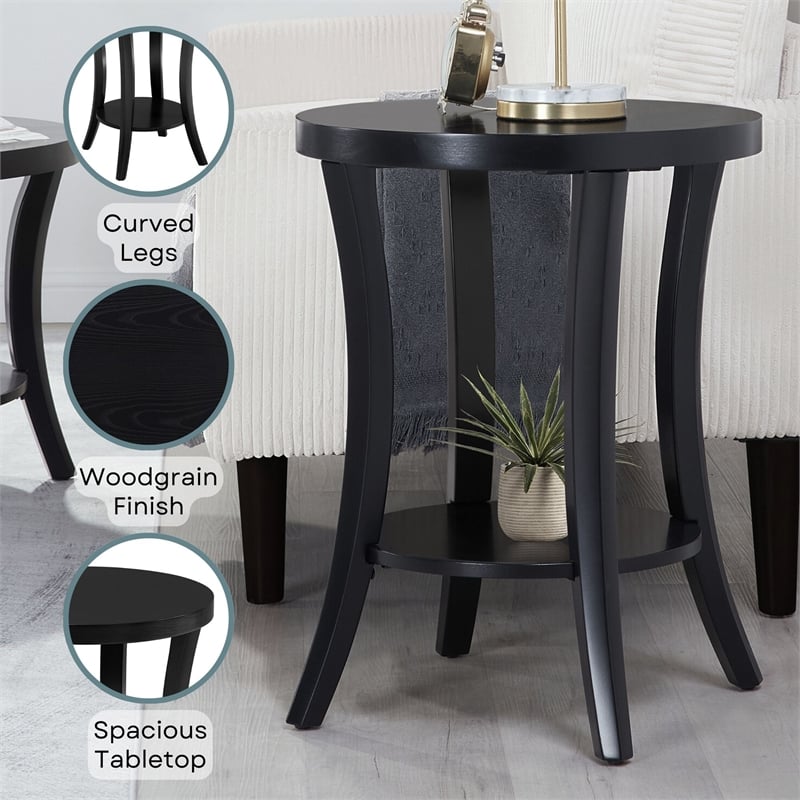 Pemberly Row Charleston Round End Table with Shelf in Black Finish