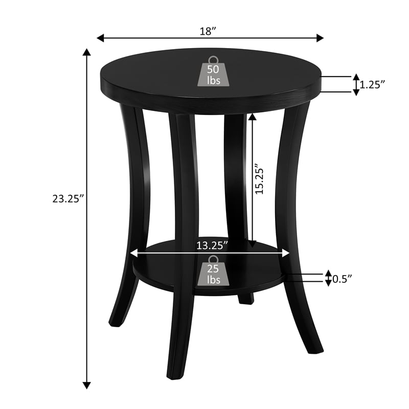 Pemberly Row Charleston Round End Table with Shelf in Black Finish