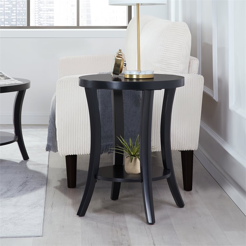 Pemberly Row Charleston Round End Table with Shelf in Black Finish