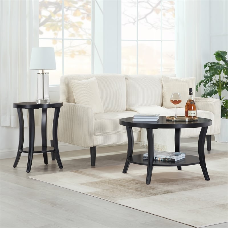 Pemberly Row Charleston Round End Table with Shelf in Black Finish