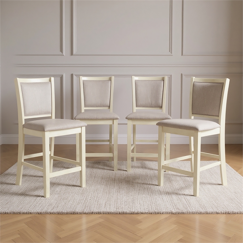 Pemberly Row Wood Counter Chair Set in Beige with Upholstered Cushion
