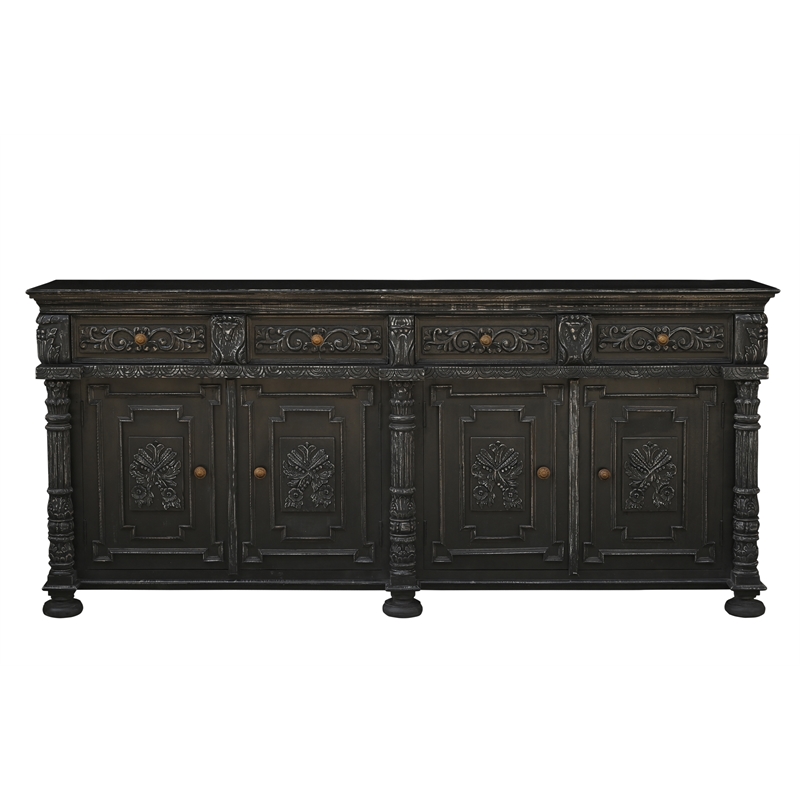 Pemberly Row Carved Solid Wood Sideboard with 4 Drawers and Doors in Black