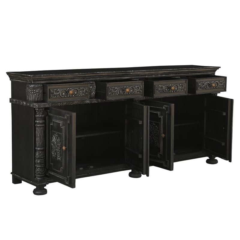 Pemberly Row Carved Solid Wood Sideboard with 4 Drawers and Doors in Black